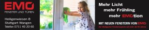 Werbeanzeige EMO Fenster und Türen, Frühlingsmotiv mit einem Kind am Fenster