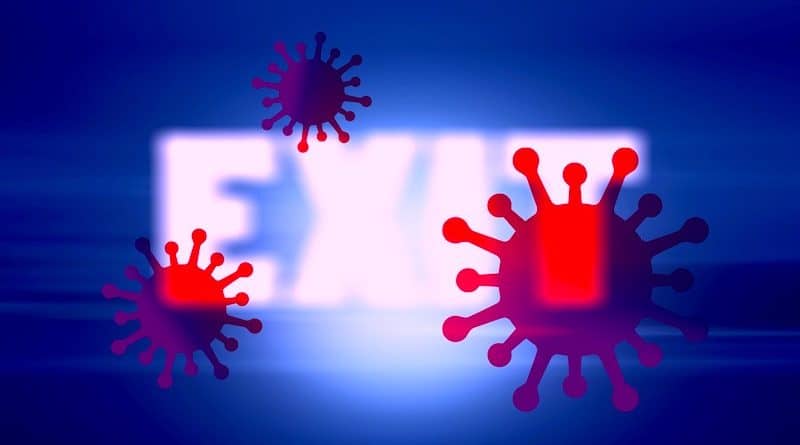 Drei rote Coronaviren vor weißem EXIT-Schriftzug