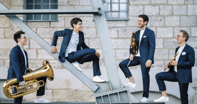 Hanke Brothers mit Musikinstrumenten auf einer Treppe