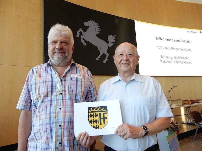 Michael Wießmeyer und Hans-Peter Seiler beim Festakt 100 Jahre Eingemeindung im Rathaus Stuttgart