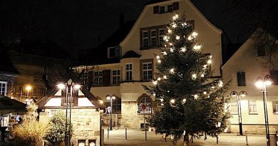 Blick über Platz am Alten Haus mit Wunsch-Weihnachtsbaum vor Bezirksrathaus 2022