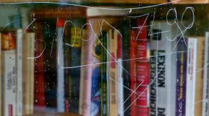 Teilansicht der verkratzten Scheibe einer Bücherbox am Wangener Marktplatz