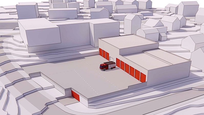 Modellbild von Drei Architekten: projektierte Feuerwehrhäuser beim Ostfilderfiredhof Sillenbuch