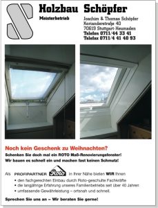 Werbung der Firma Holzbau Schöpfer in Stuttgart-Heumaden für die Sanierung von Dachfenstern