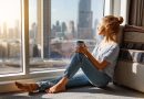 happy young woman drinks coffee in morning at big window