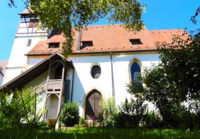 Blick vom Garten auf die Bernhardskirche in Rohracker