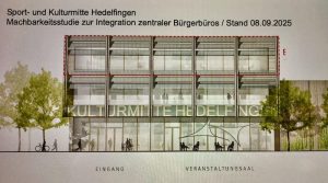 Vorprojektentwurf für eine um ein zentrales Bürgerbüro erweiterte Halle in Hedelfingen