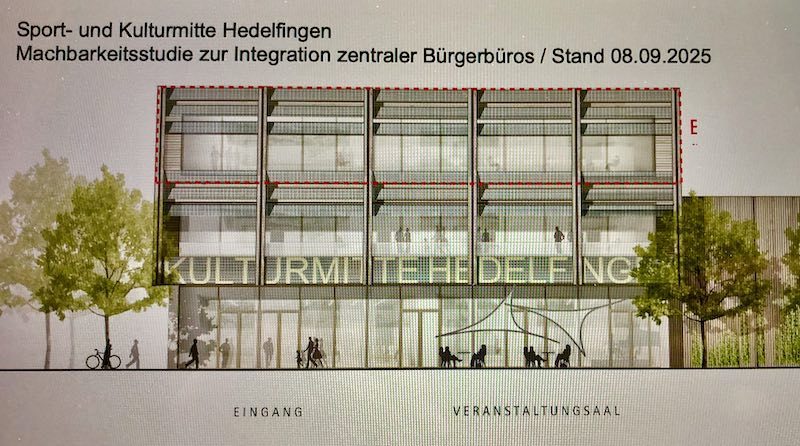 Vorprojektentwurf für eine um ein zentrales Bürgerbüro erweiterte Halle in Hedelfingen