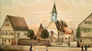 Die Alte Kirche Hedelfingen um 1890 auf einem Gemälde von Benjamin Will Weingaertner