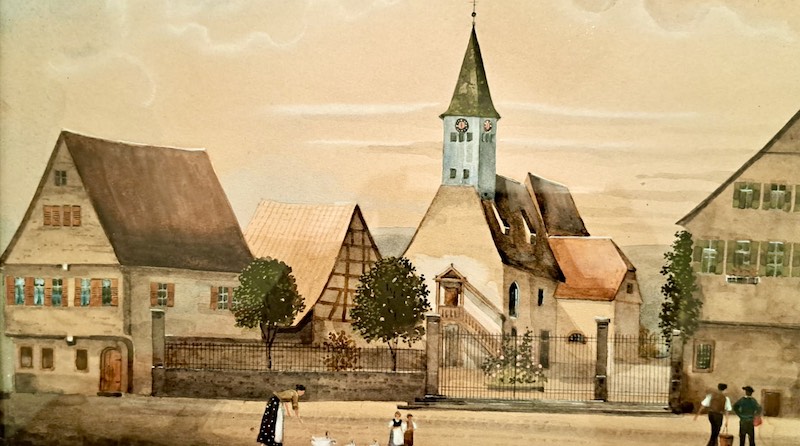 Die Alte Kirche Hedelfingen um 1890 auf einem Gemälde von Benjamin Will Weingaertner