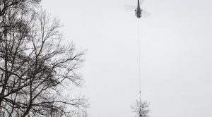 Hubschrauber mit hängendem Baum am Waldrand