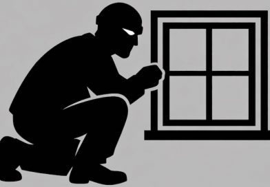 Symbolische Darstellung eines schwarz gekleideten Einbrechers neben einem Sprossenfenster