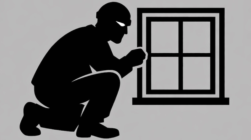 Symbolische Darstellung eines schwarz gekleideten Einbrechers neben einem Sprossenfenster