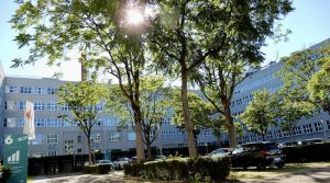 Blick von der Hedelfinger Straße in den Parkhof vor dem Büro Campus Wangen