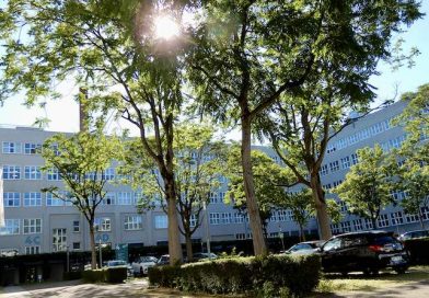 Blick von der Hedelfinger Straße in den Parkhof vor dem Büro Campus Wangen