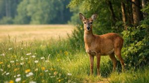 Reh vor einem Feld am Waldesrand